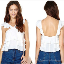 Hot Sale Backless Three Fold Falbala Loose Ladies and Women Blouse en mousseline de soie